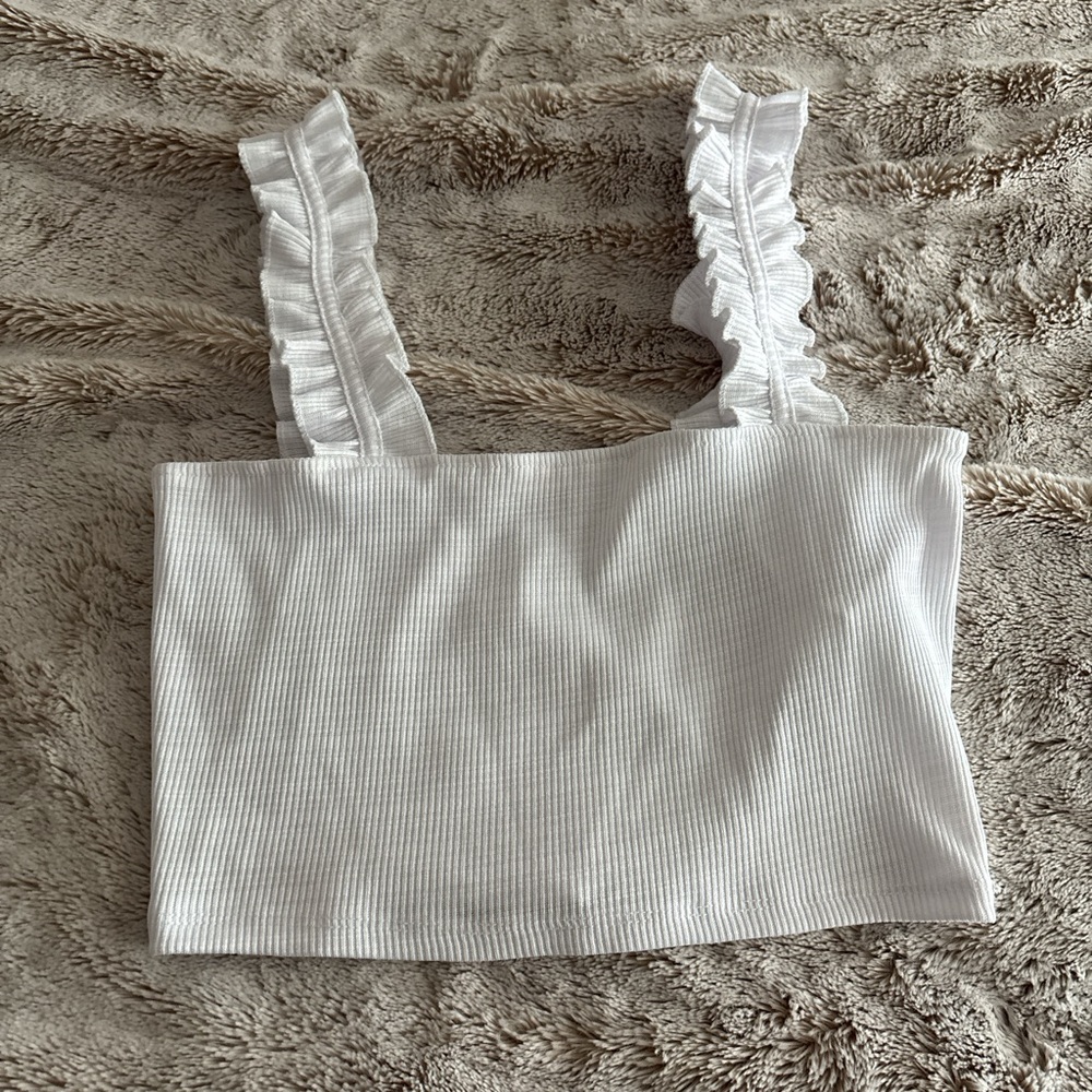 White Ribbed Ruffle Strap Crop Top
